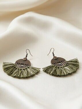 Green Aztec Dangle Tassel Earrings